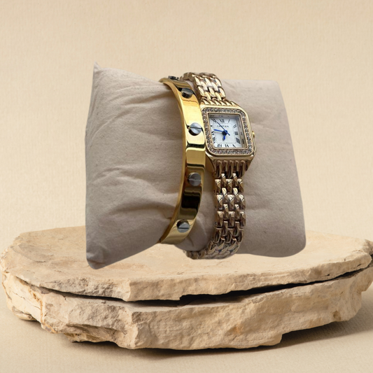 Pack Luxe : Montre Panthère Dorée & Bracelet Manchette Scintillant